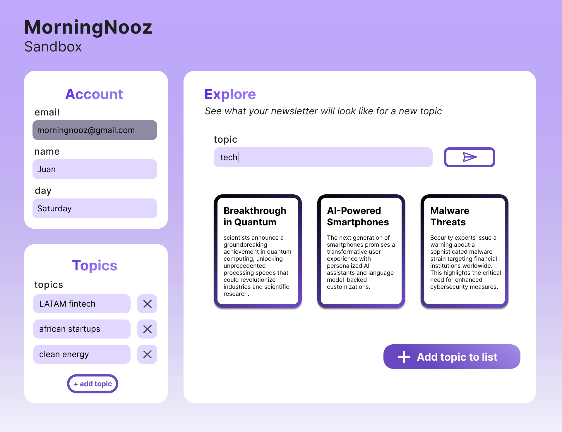 example dashboard and registration button